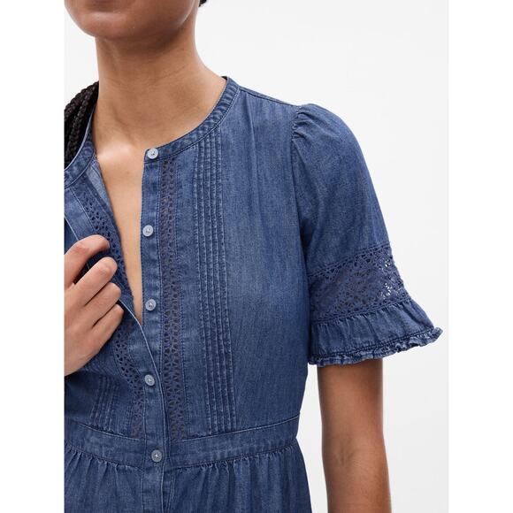New Gap x LoveShackFancy Denim Tiered Midi Dress Blue Ruffle Button Sz M - Picture 2 of 10